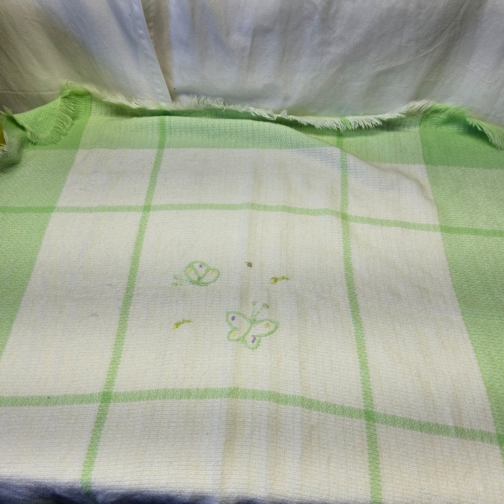 The Three Weavers Handwoven Baby Blanket Kids Green White Butterfly Plaid Fringe